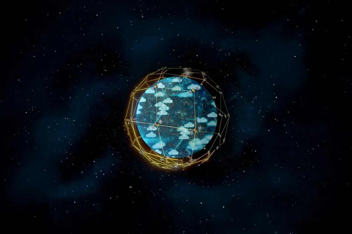 Illustration of Earth surrounded by orbiting satellites connected by glowing golden lines, representing a global data network. Text reads “Iridium CloudConnect powered by AWS” against a starry outer-space background.