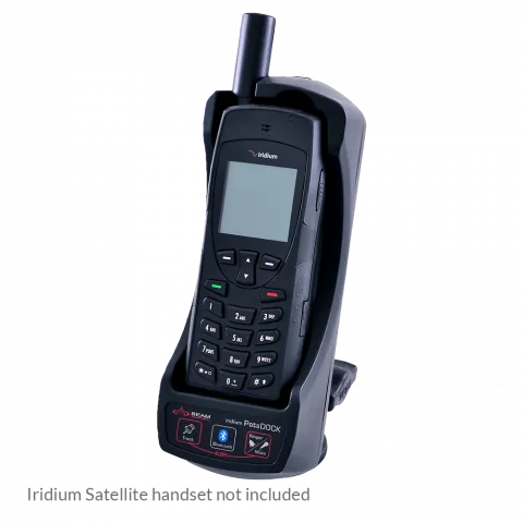 Iridium handset sitting inside Beam PotsDock Docking Station