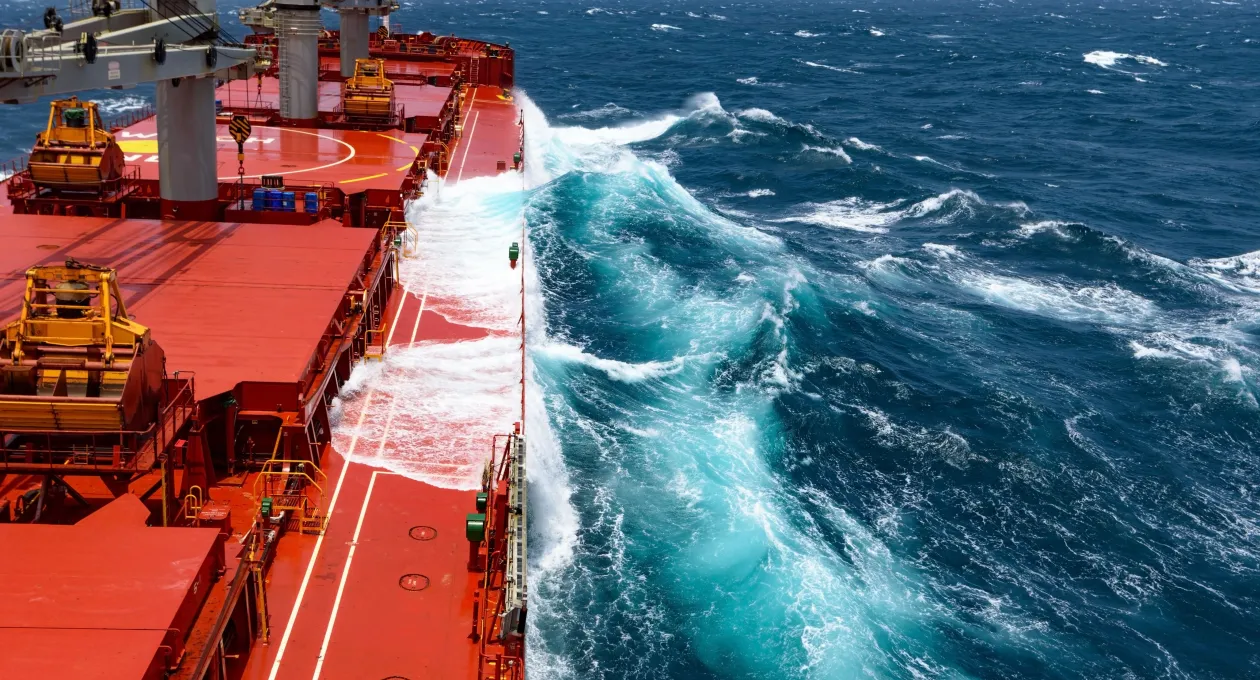 Cargo ship rolling in stormy sea. Huge waves under blue sky in Indian Ocean
