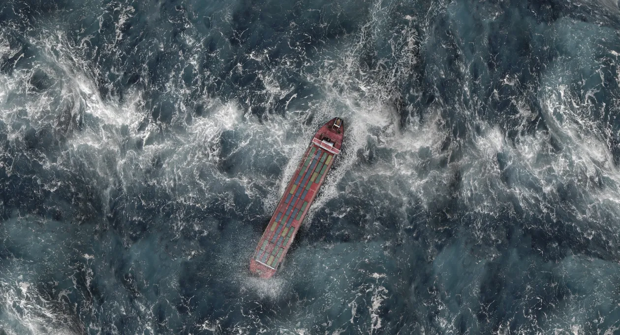 Sailing ship swinging on stormy sea waves, Rough ocean with rain and thunderstorm