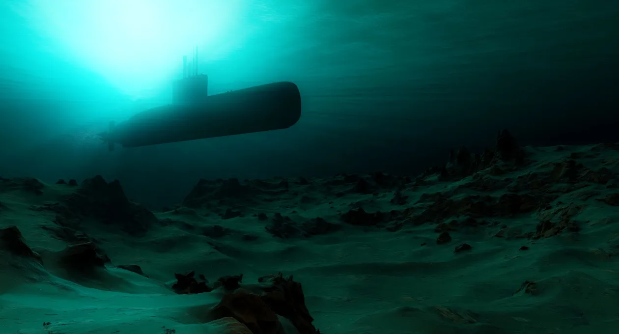 Underwater Deep Ocean Scene with Military Submarine. 3d Rendering Artwork.