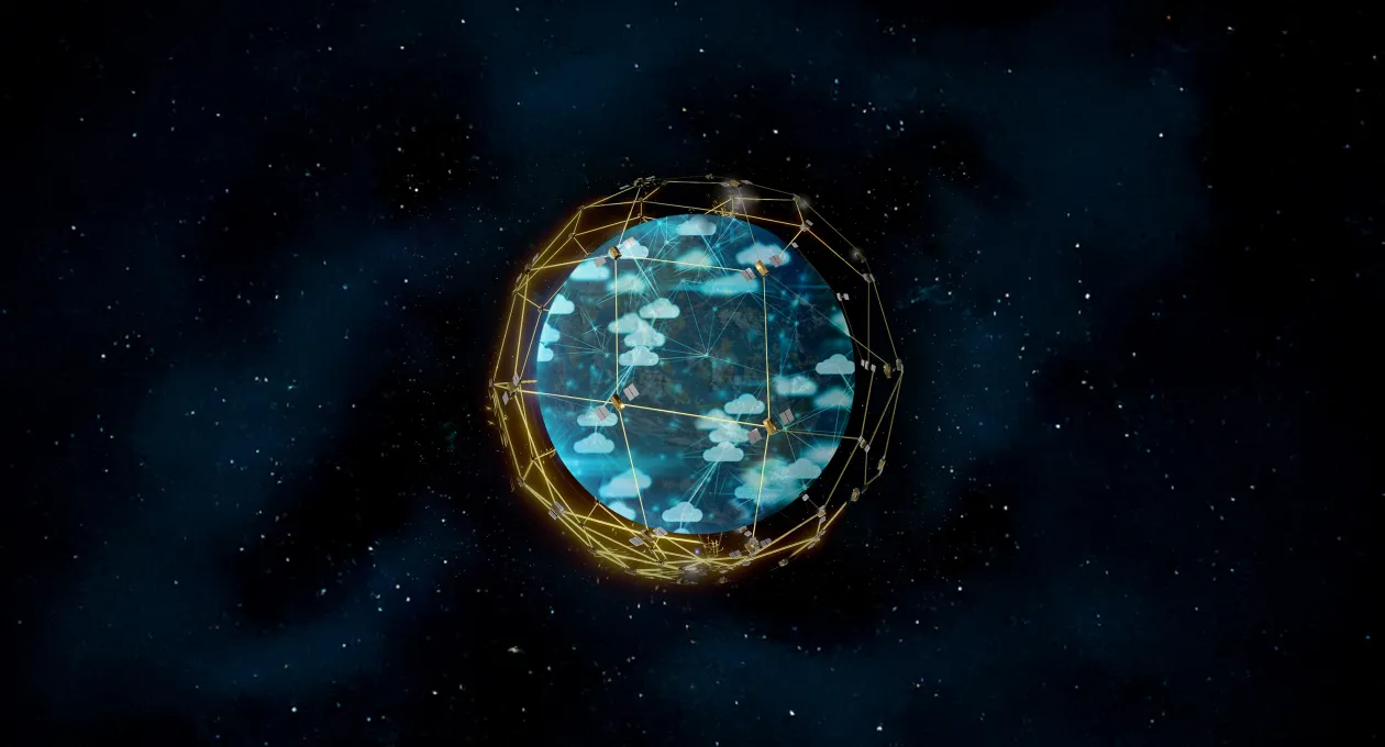 Illustration of Earth surrounded by orbiting satellites connected by glowing golden lines, representing a global data network. Text reads “Iridium CloudConnect powered by AWS” against a starry outer-space background.