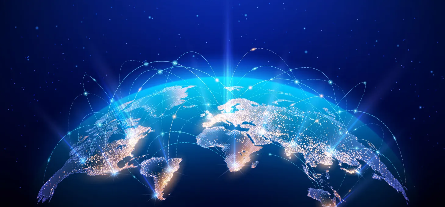 Vector. Map of the planet. World map. Global social network. Future. Blue futuristic background with planet Earth. Internet and technology. Floating blue plexus geometric background.