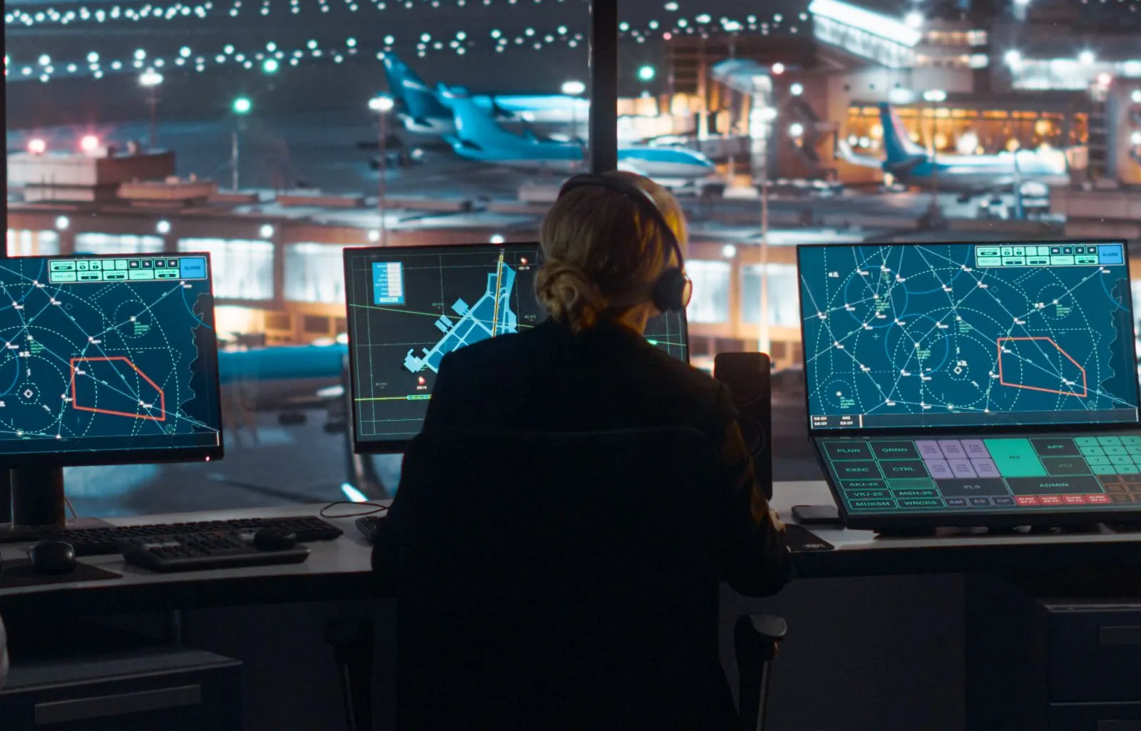 Diverse Air Traffic Control Team Working in a Modern Airport Tower at Night. Office Room is Full of Desktop Computer Displays with Navigation Screens, Airplane Flight Radar Data for Controllers.