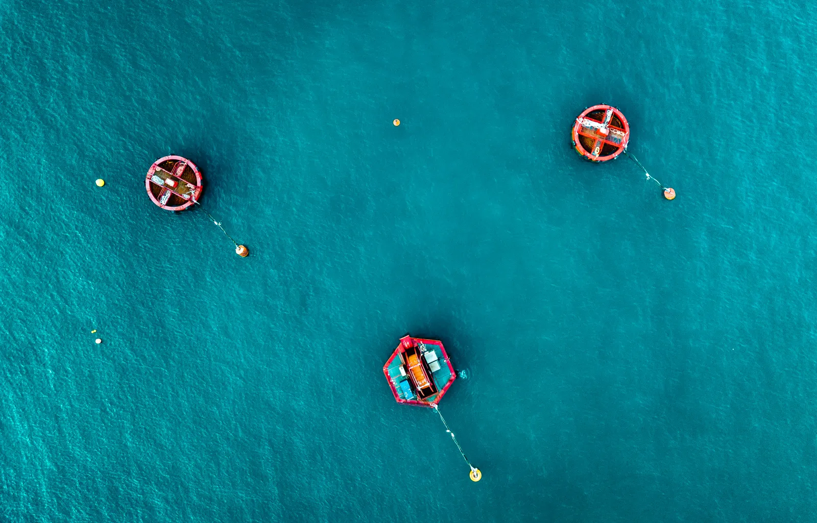 Aerial view of Blue Sea surface with red buoys