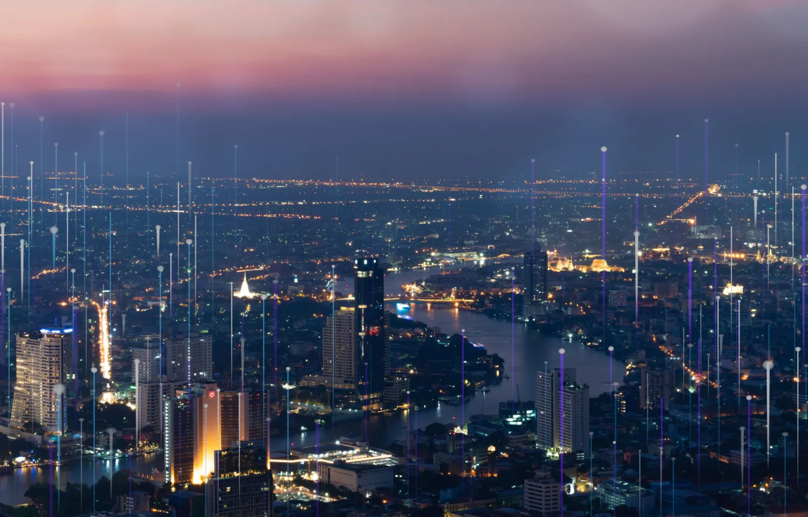 Cityscape featuring telecommunication endpoints