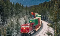 A freight train hauls shipping containers through the mountainous landscape.