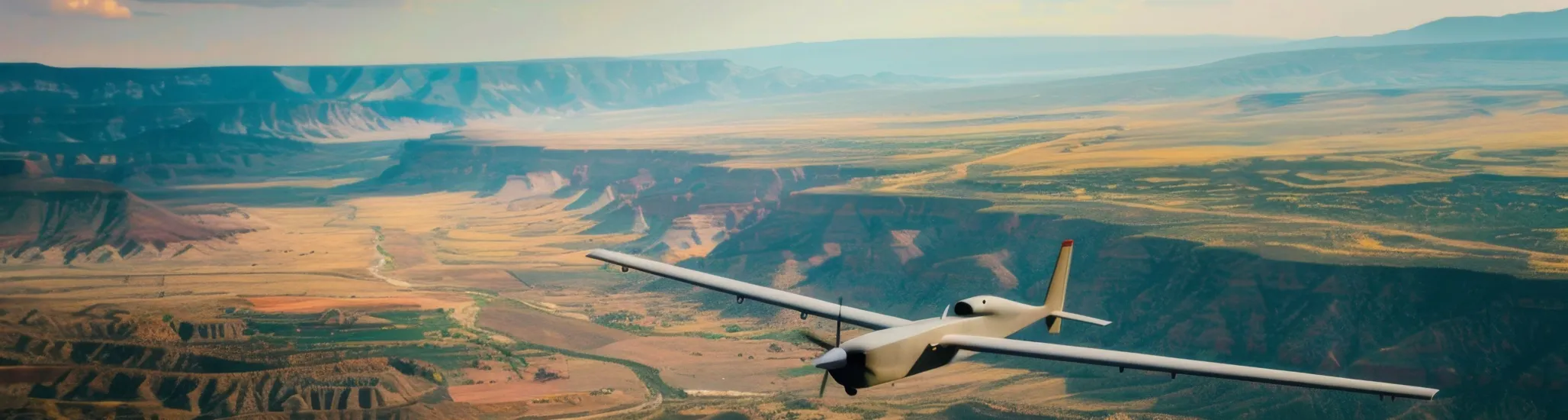 Top shot of a military UAV or drone (Bayraktar TB2) armed with missiles and flying over forest area with the ground blurred