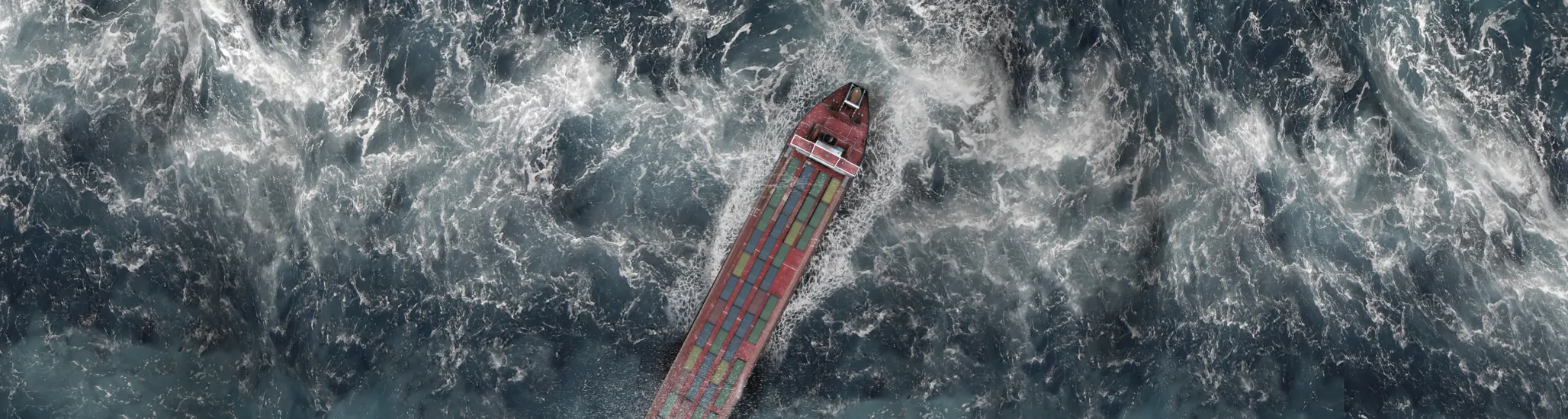 Sailing ship swinging on stormy sea waves, Rough ocean with rain and thunderstorm