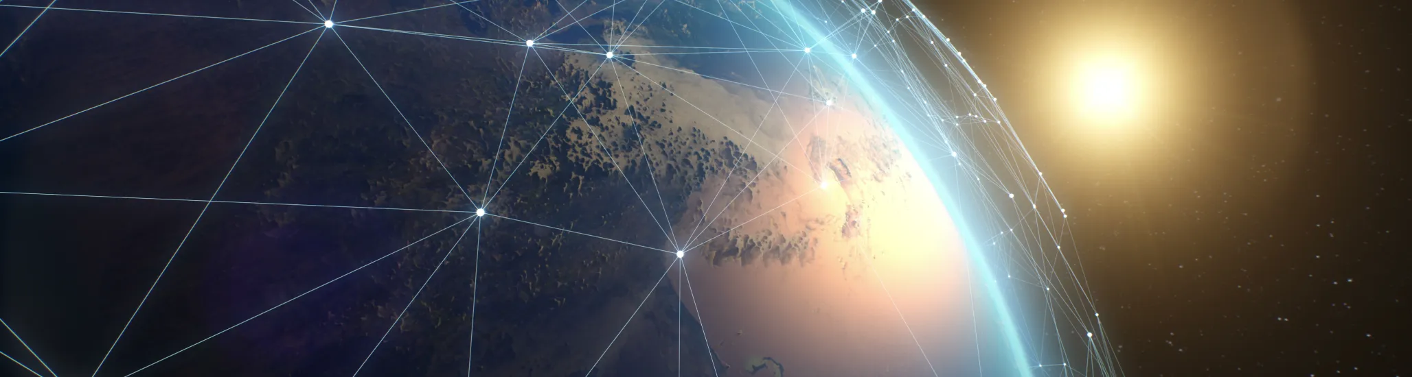 3D rendering of white lines connecting artificial satellites around Earth and creating unified global network against sun