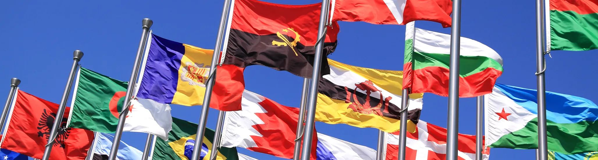 A large collection of international flags from various countries flying on flagpoles against a clear blue sky.
