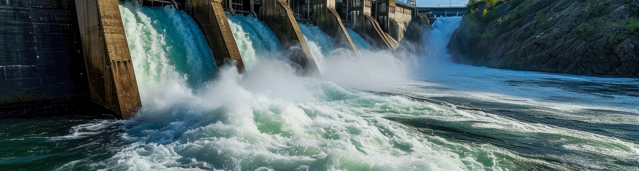 hydroelectric dam on a river with water flowing through the turbines.