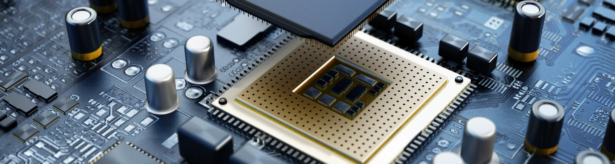 3D illustration of a CPU over a generic mainboarddev