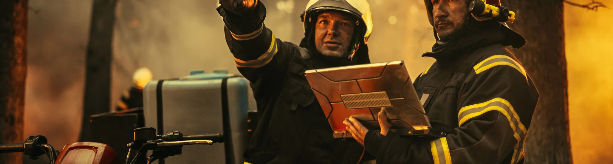 Portrait of Two Professional Firefighters Standing Next to an All-Terrain Vehicle, Using Heavy-Duty Laptop Computer and Figuring Out a Best Solution for Extinguishing the Wildland Fire.