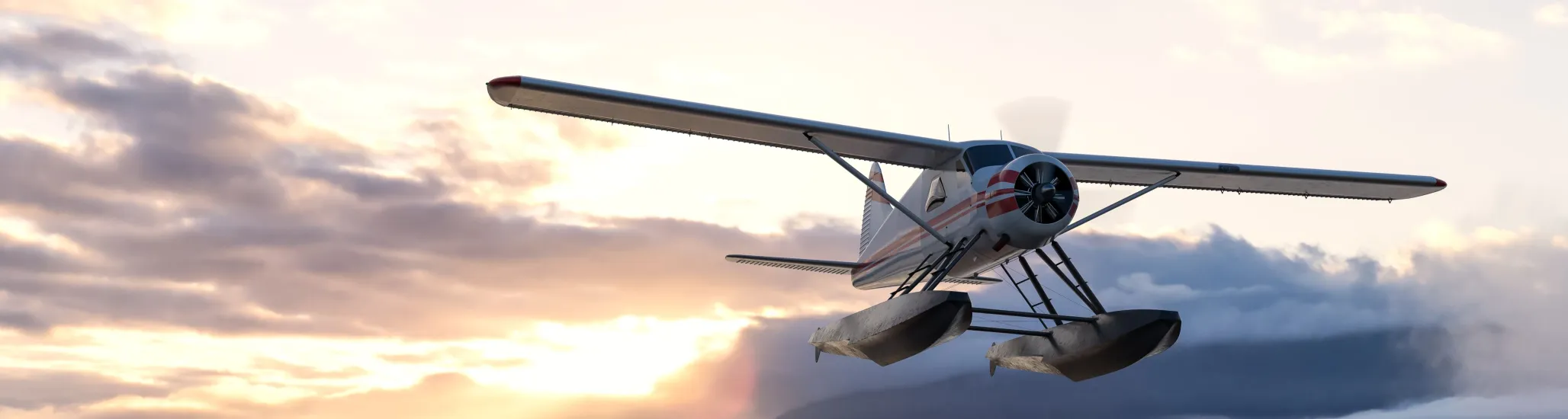 A 3D rendering of a seaplane soaring above a serene lake at sunrise, with mountains in the background in BC, Canada. The scene evokes adventure and tranquility.