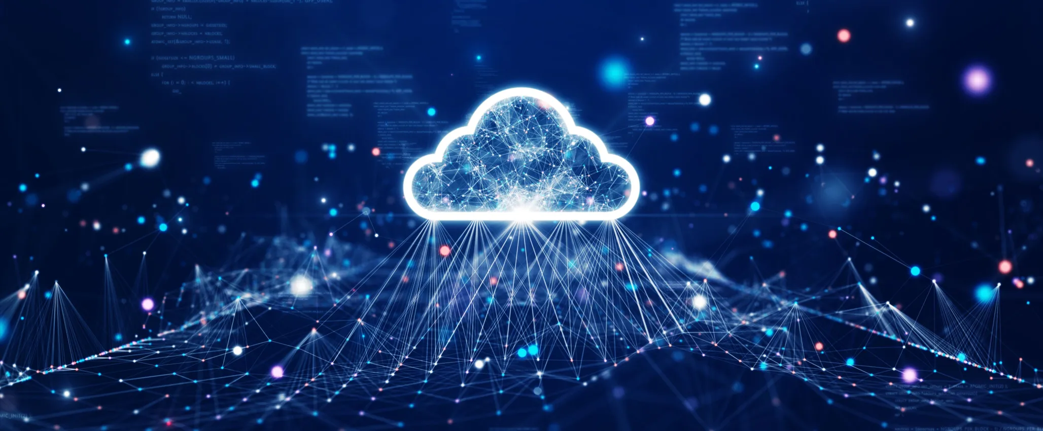 Cloud and edge computing technology data transfer concept. A large cloud icon is in the center. abstract code Interconnected polygons and multicolored dots on a dark blue background.
