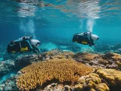 AI-enhanced coral reef restoration, robotic divers planting coral in a protected marine zone