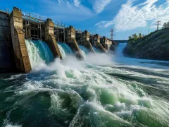 hydroelectric dam on a river with water flowing through the turbines.
