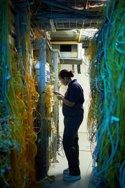 Technician in data center inspecting electrical cables and network connections in server room, ensuring optimal workflow and connectivity
