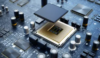 3D illustration of a CPU over a generic mainboarddev