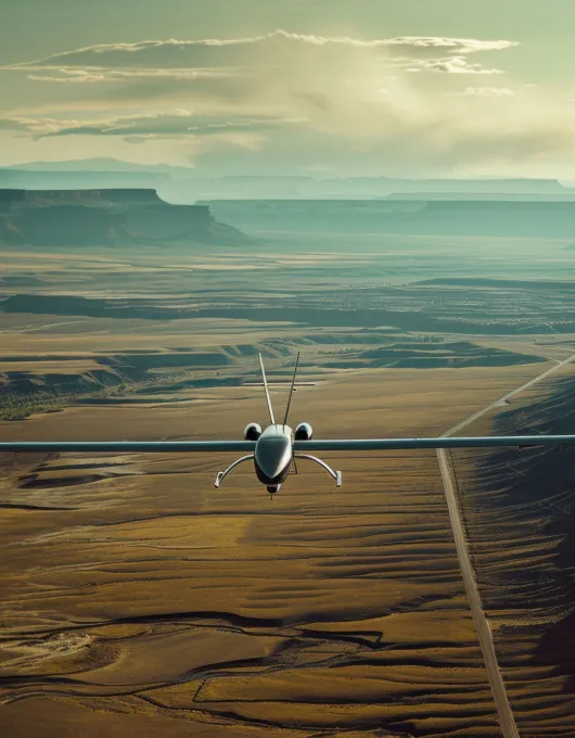 Three Bayraktar TB2 military drones flying in formation toward a semi-trucks on a bridge below. The juxtaposition of autonomous aerial surveillance and ground logistics evokes themes of modern warfare, supply chain protection, aerial reconnaissance, and technological coordination between land and air.