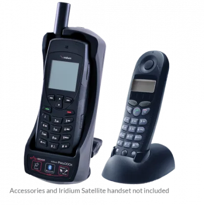Iridium handset sitting inside Beam PotsDock Docking Station and another phone sitting inside a different docking station