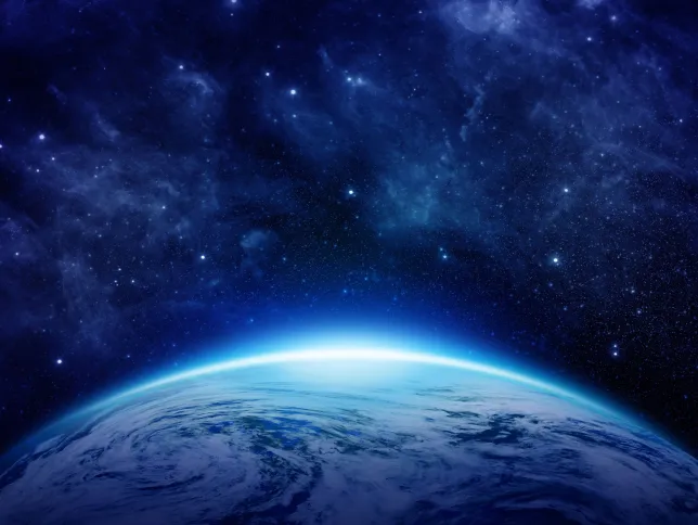 Earth on space use for background. Blue Planet Earth view from outer space show Global World, Universe, Star field, Galaxy, world map, ocean, dark sky. Earth 3D render elements image furnished by NASA.