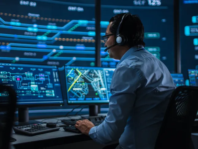 Professional IT Technical Support Specialist and Software Developer Working on Computer in Monitoring Control Room with Digital Screens. Employee Uses Headphones with Mic and Talking on a Call.