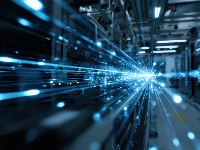Abstract view of a modern data center with glowing blue light trails Illustrates highspeed data transfer and advanced technology Generated using AI
