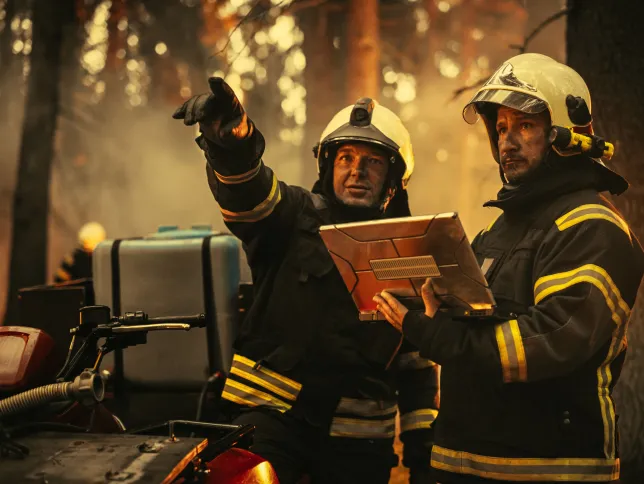 Portrait of Two Professional Firefighters Standing Next to an All-Terrain Vehicle, Using Heavy-Duty Laptop Computer and Figuring Out a Best Solution for Extinguishing the Wildland Fire.