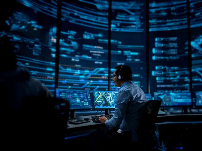 Professional IT Technical Support Specialist and Software Developer Working on Computer in Monitoring Control Room with Digital Screens. Employee Uses Headphones with Mic and Talking on a Call.