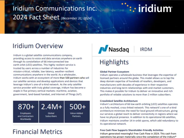 A clickable image of the 2024 Iridium investor fact sheet featuring key points and charts.