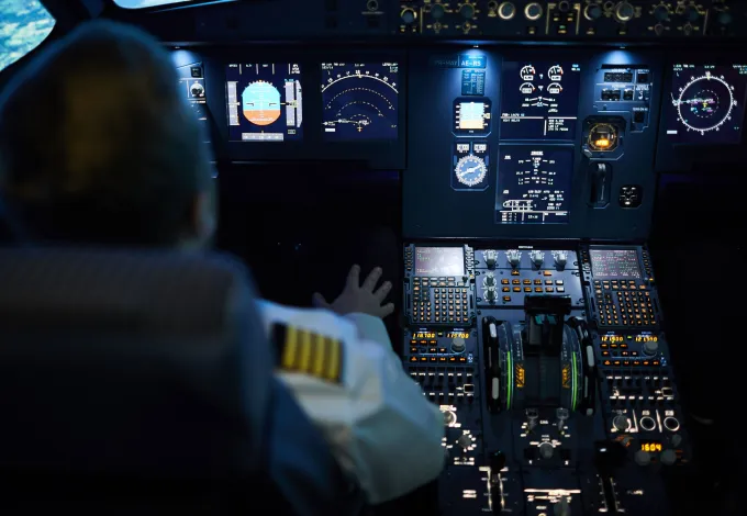 Rear view of unrecognizable pilot sitting at control panel with radar devices and flight system buttons and flying plane on autopilot