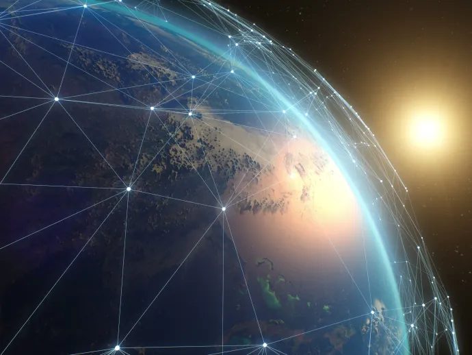3D rendering of white lines connecting artificial satellites around Earth and creating unified global network against sun