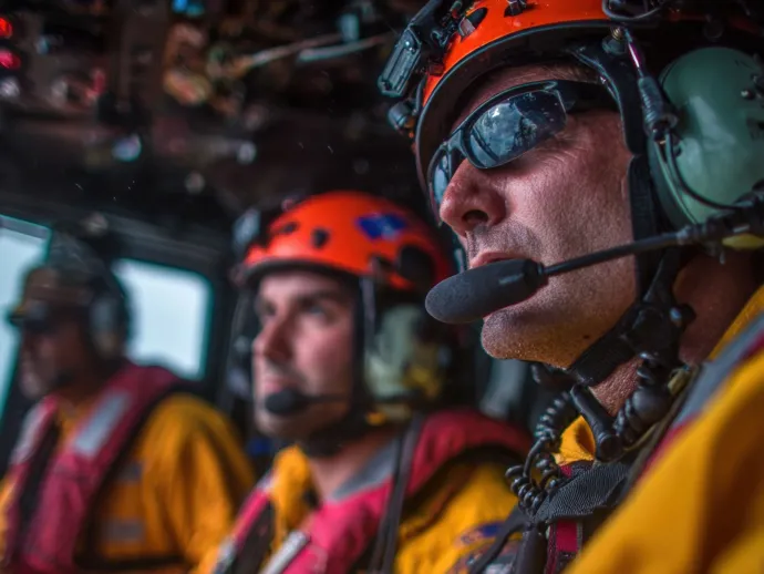 Emergency responders onboard the helicopter communicate via radio coordinating the evacuation process while observing the vessels crew