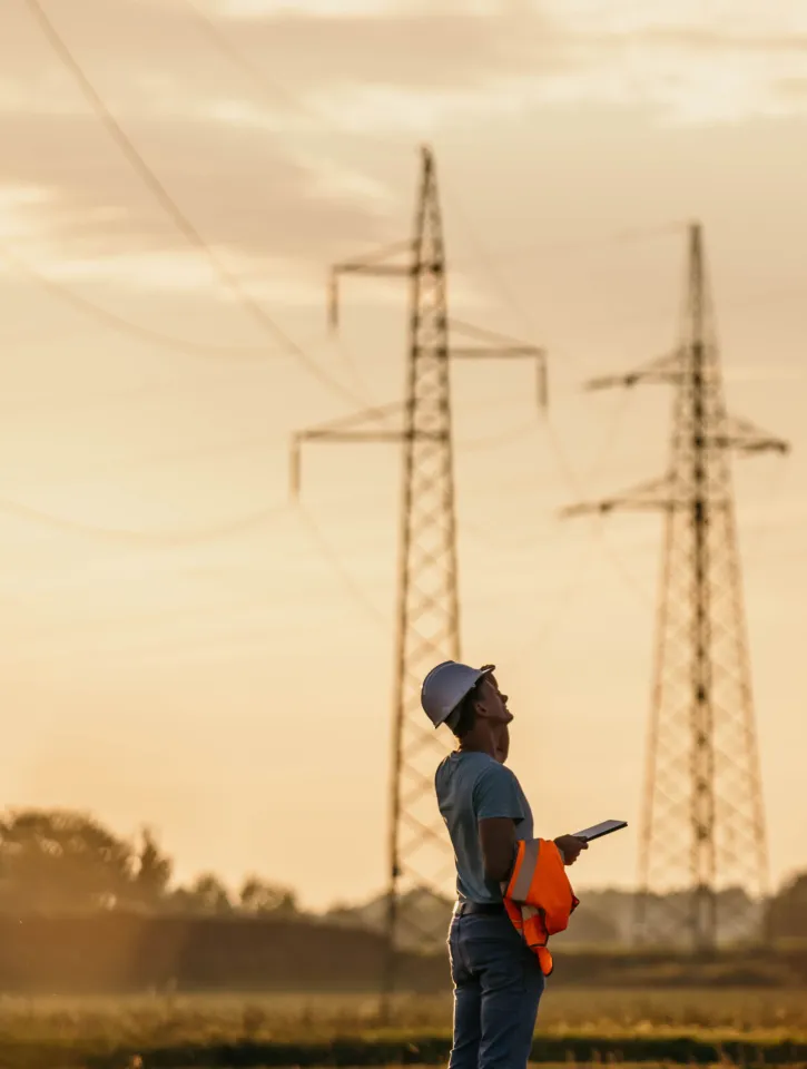 Silhouette high voltage electric tower and silhouette engineer guy on sunset time and sky on sunset time background