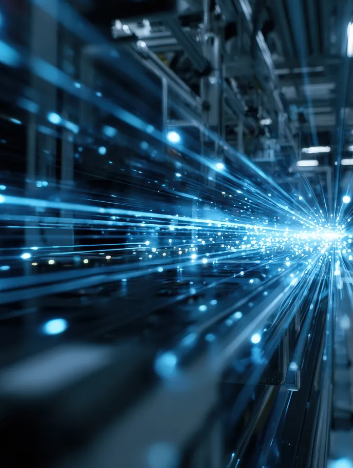 Abstract view of a modern data center with glowing blue light trails Illustrates highspeed data transfer and advanced technology Generated using AI