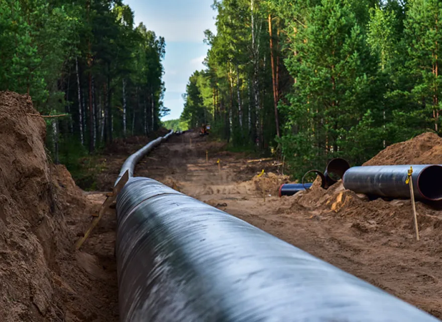 Gas pipeline under construction, trees surround
