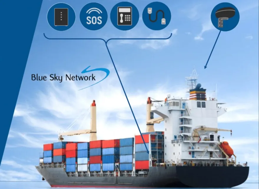 Cargo ship with Blue Sky Network satellite system showing SOS, voice, and data connectivity icons.