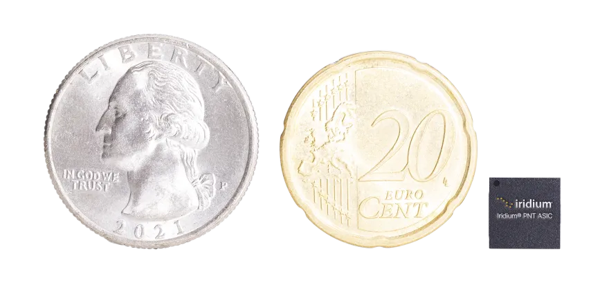 A PNT ASIC Chip compated to a quarter and euro