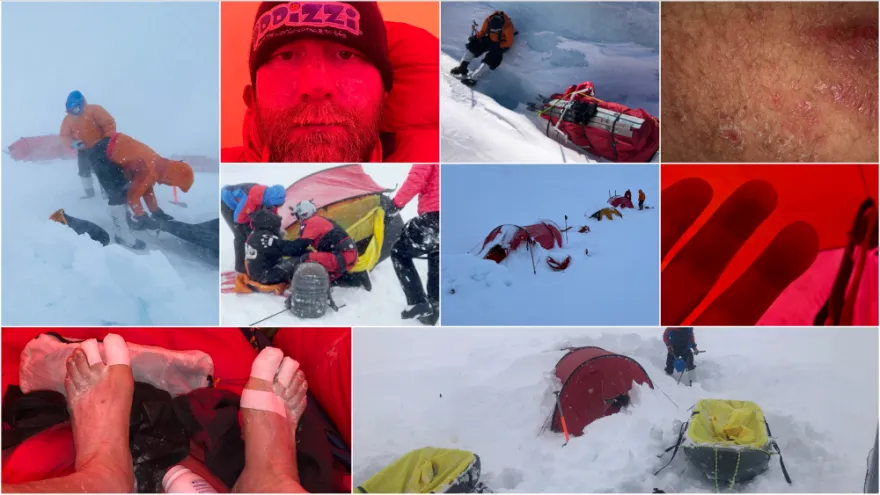 A collage of images from a harsh polar expedition showing team members battling snow and wind, rescuing a teammate, hauling sleds through deep ice, treating frostbitten feet and skin irritation, collapsed tents in heavy snow, and red-tinted views from inside a tent.