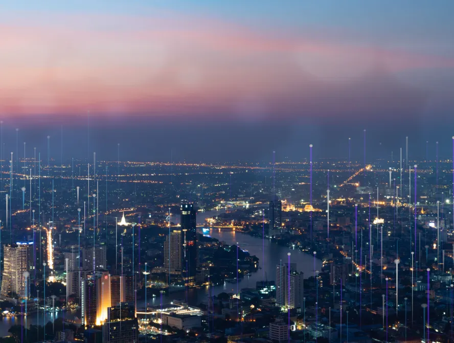 Cityscape featuring telecommunication endpoints