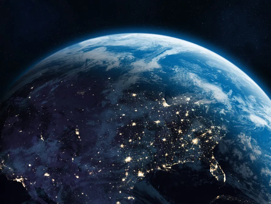 Earth planet in outer space. North America at night viewed from space