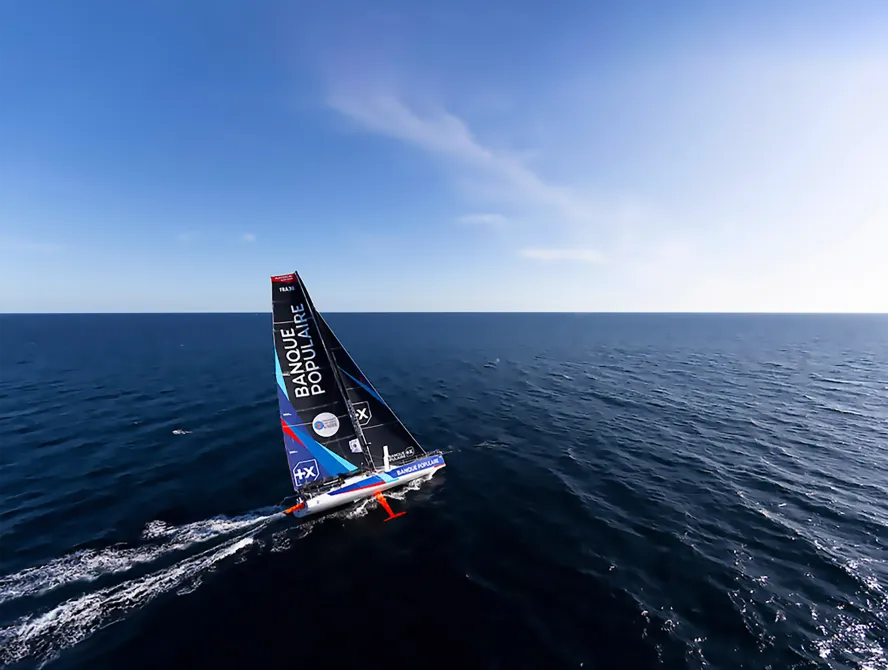 GROIX - AUGUST 29: French skippers Clarisse Cremer and Armel Le Cleac'h are sailing on the Imoca Banque Populaire, training prior to the Transat Jacques Vabre, on August 29, 2019, off Groix, France. (Photo by Jean-Marie Liot / Alea / BPCE)