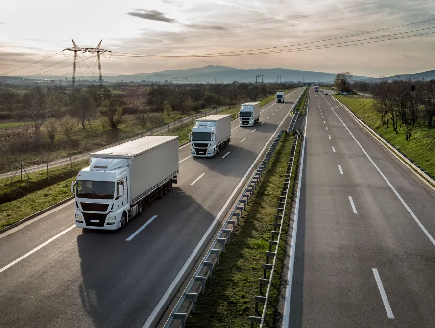 Several white semi-trucks driving in a line on a wide highway surrounded by green fields and power lines under a cloudy sunset sky.
