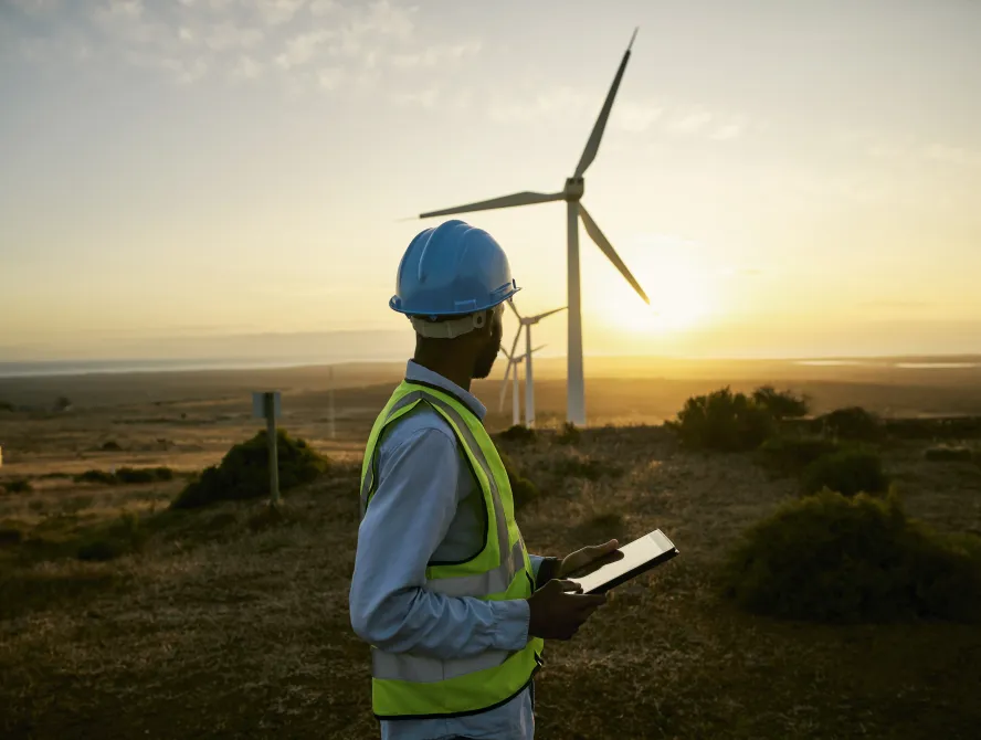 Engineer man, tablet and wind turbine on sunset farm for clean energy, power and electricity. Electrician or technician person in nature for windmill, eco and green environment innovation maintenance
