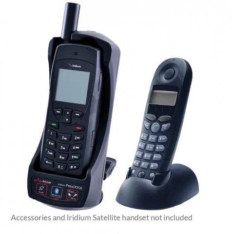 Iridium handset sitting inside Beam PotsDock Docking Station and another phone sitting inside a different docking station