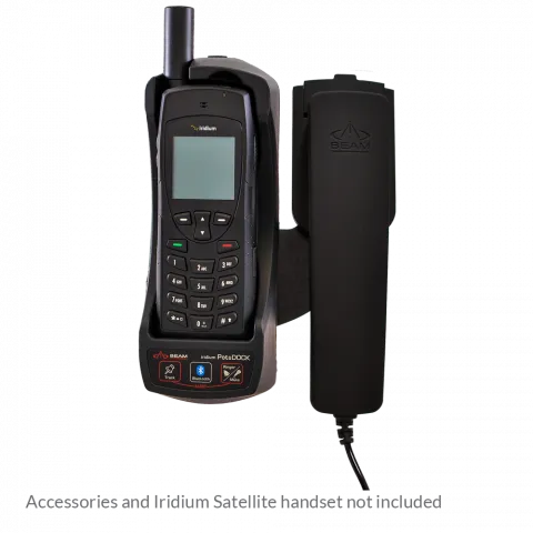 Iridium handset sitting inside Beam PotsDock Docking Station