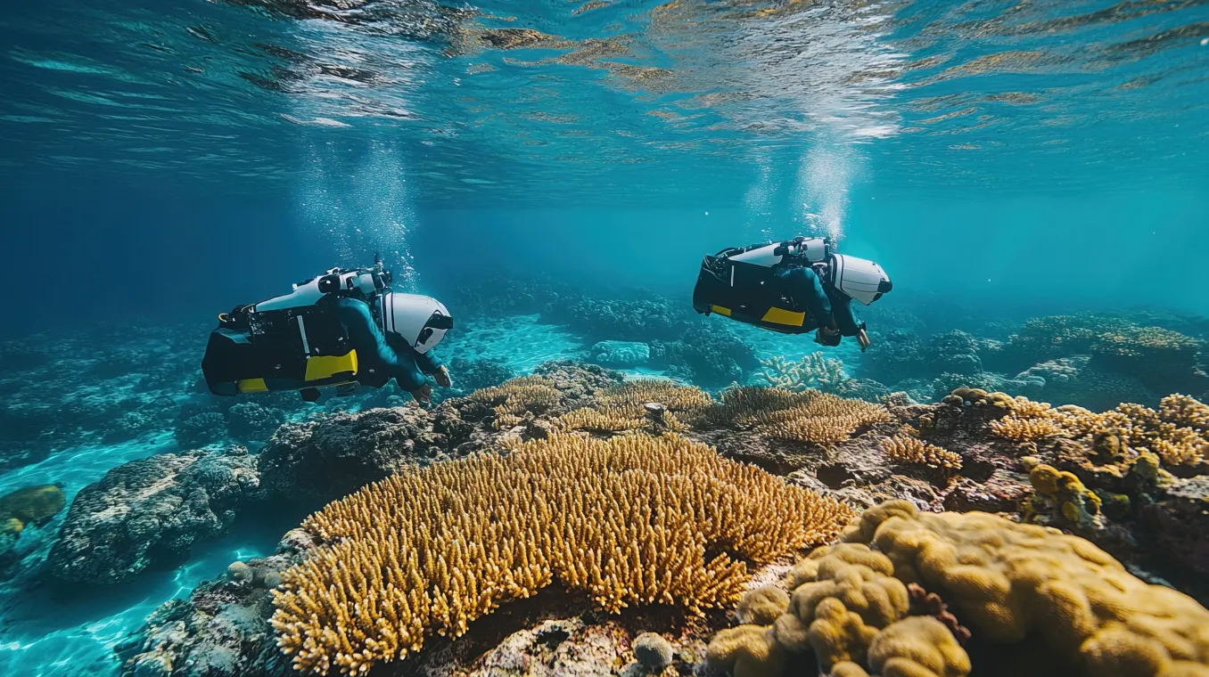 AI-enhanced coral reef restoration, robotic divers planting coral in a protected marine zone