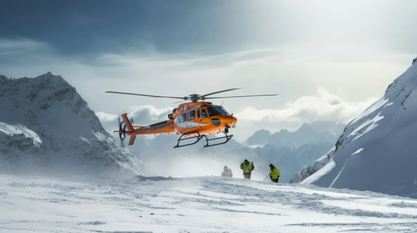Rescue helicopter landing at snow mountains and skating snowboarder